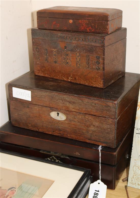 A Victorian Tunbridgeware tea caddy, a George III writing slope and two other boxes